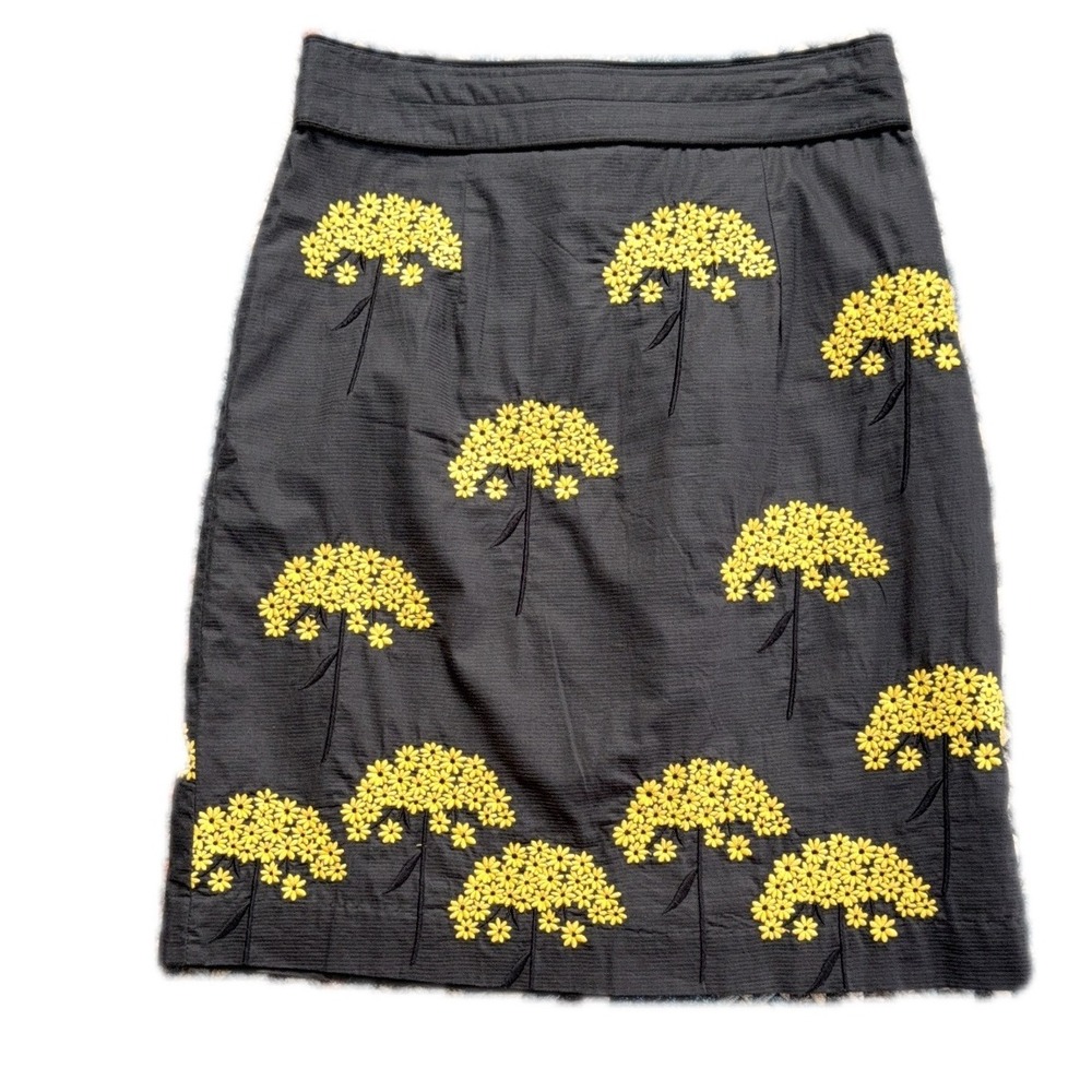 Floreat Skirt Women's Size 6 Black Yellow Floral Embroidered Cotton